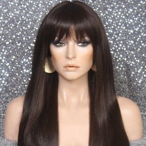 Human hair blend Long Dark Brown wig bangs Wig